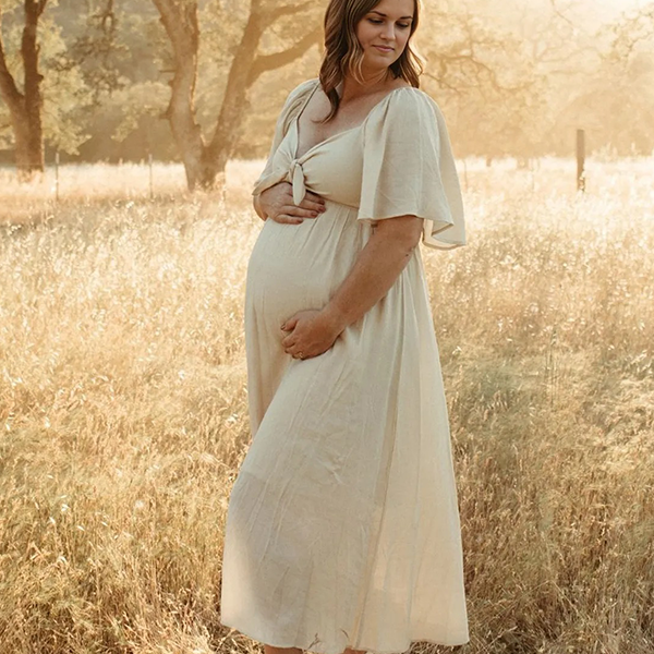 Chic- Beige Bowknot Boho Photoshoot Maternity Maxi Dress
