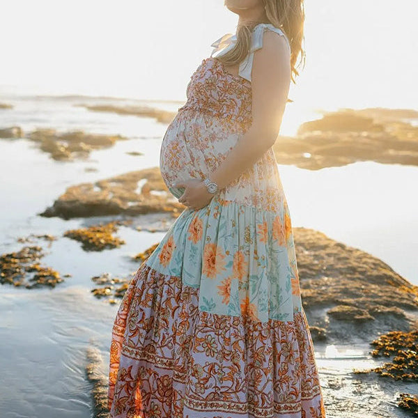 Casualwear- Vintage Floral Backless Baby Shower Photoshoot Maternity Maxi Dress