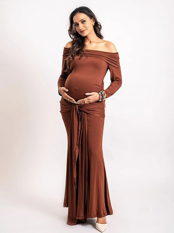 Chic- Bodycon Off Shoulder Long Sleeves Maternity Phootshoot Maxi Dress
