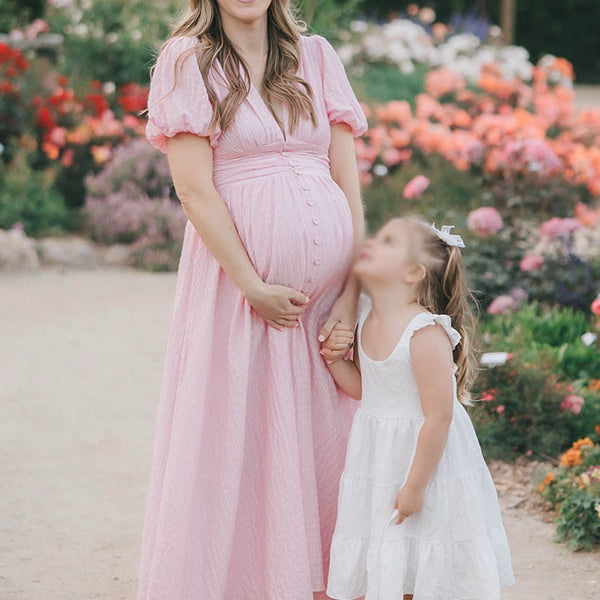 Casualwear-Puff Sleeve Linen Maternity Maxi Dress