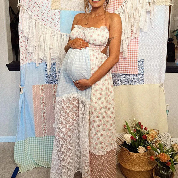 Casualwear-Lace Splicing Halter Neck Maternity Dress