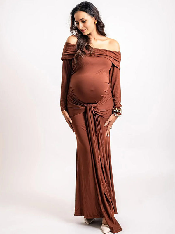 Chic- Bodycon Off Shoulder Long Sleeves Maternity Phootshoot Maxi Dress