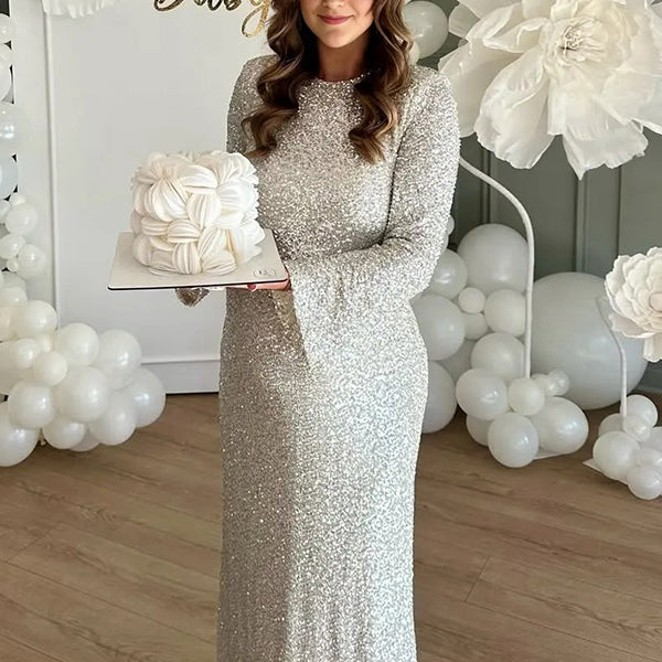 Sparking-Sequins Long-Sleeve A- Line Maternity Photoshoot Dress