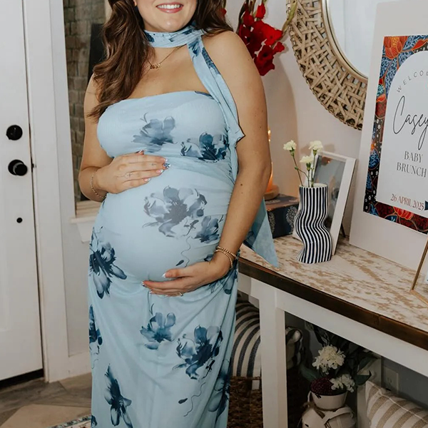 Chic-Blue Print Ruched Fitted Baby Shower Maternity Maxi Dress