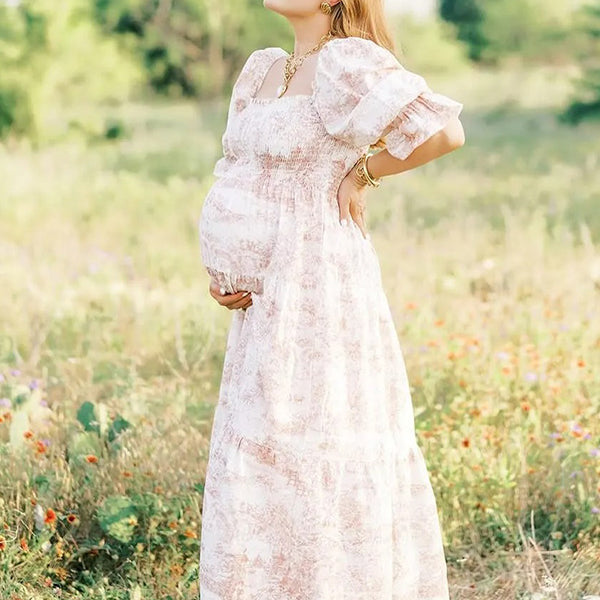 Chic-Floral Puff Sleeve Maternity Maxi Dress