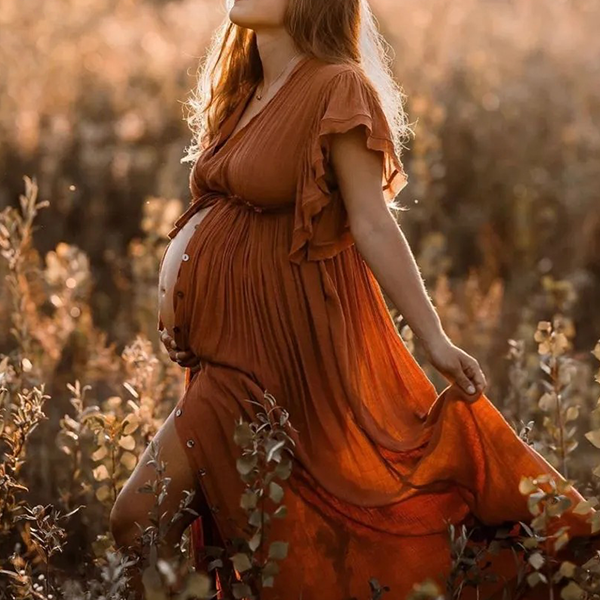 Chic-Orange A-Line Ruffle Boho Photoshoot Maternity Maxi Dress