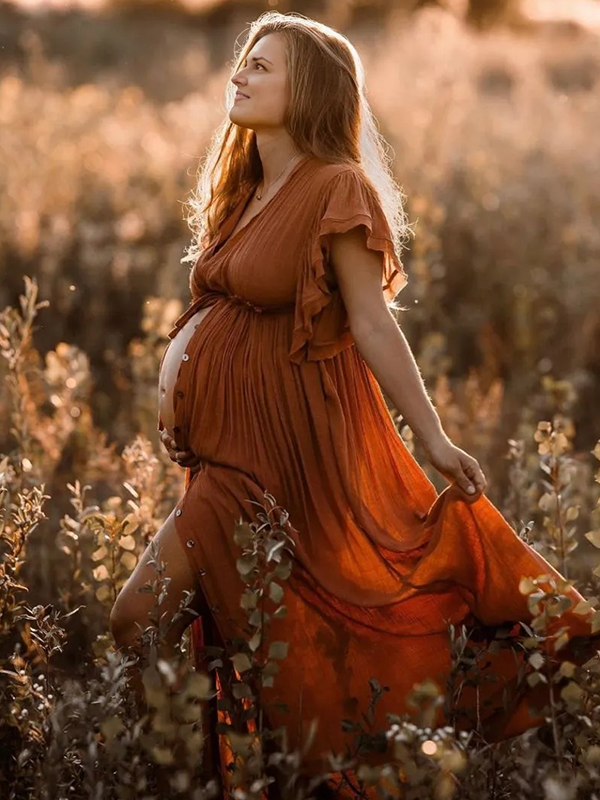 Chic-Orange A-Line Ruffle Boho Photoshoot Maternity Maxi Dress