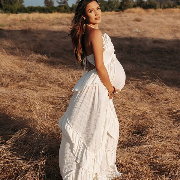 Chic-Ruffle Boho Back Tie Maternity Maxi Dress