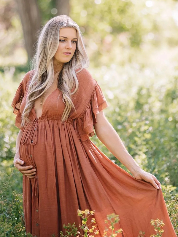 Chic-Orange A-Line Ruffle Boho Photoshoot Maternity Maxi Dress