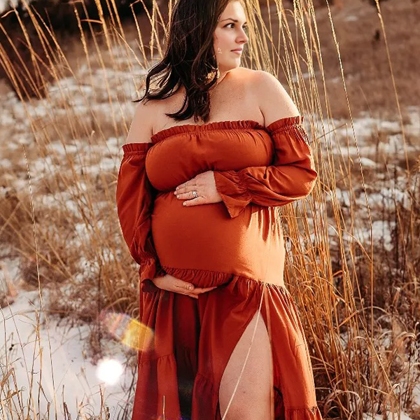 Chic- Boho Off Shoulder Puff Sleeves Maternity Photoshoot Maxi Dress