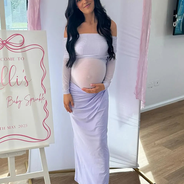 Chic- Off Shoulder Mesh Sheer Bodycon Maternity Maxi Dress