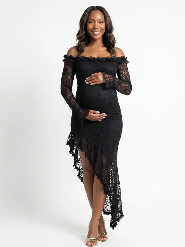 Black Lace Off-Shoulder Bodycon Maternity Maxi Dress