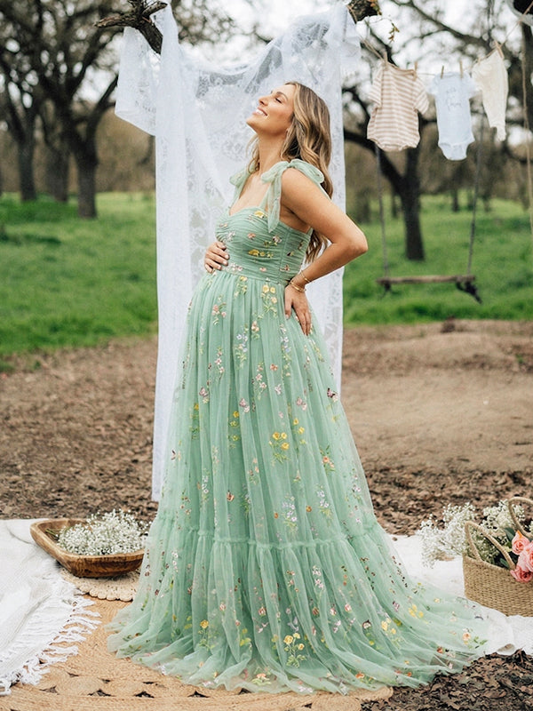green boho maternity dress Floral Tulle Maxi for Baby Shower & Photoshoot| Bumplook This boho maternity dress Illusion Bodice Clothing Store in Daytona Color & Hardware:Red & Silver