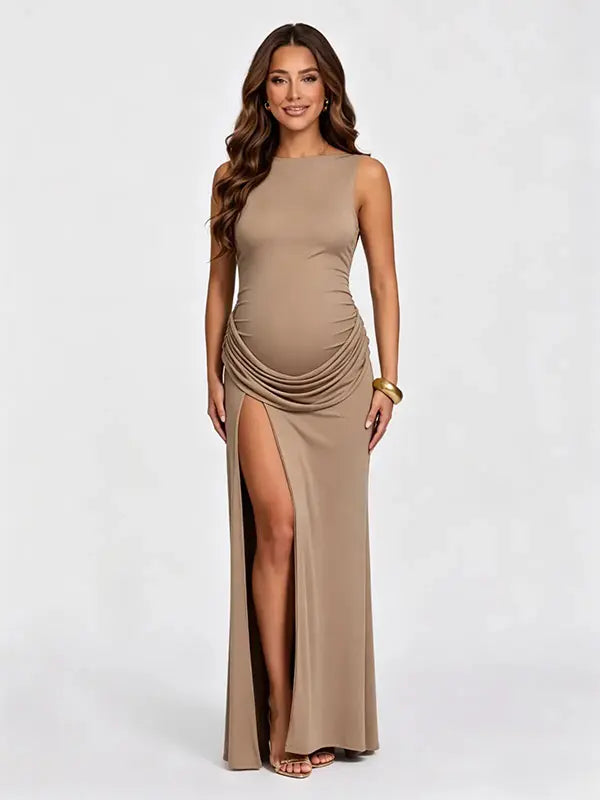 Beige Bodycon Ruched Maternity Maxi Dress