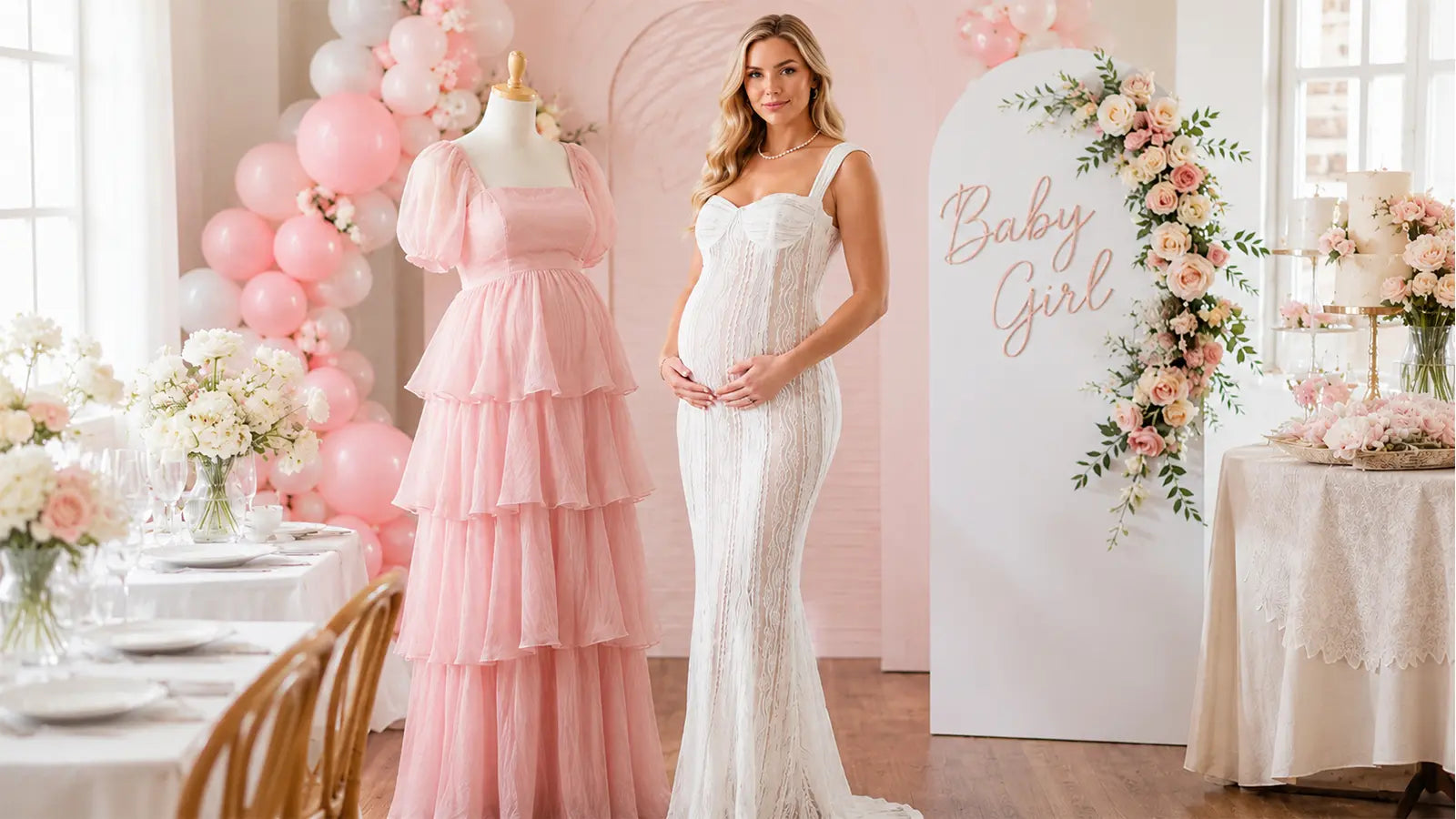 Pregnant woman comparing a fitted bodycon maternity dress and a flowy maternity maxi dress at an elegant baby shower celebration