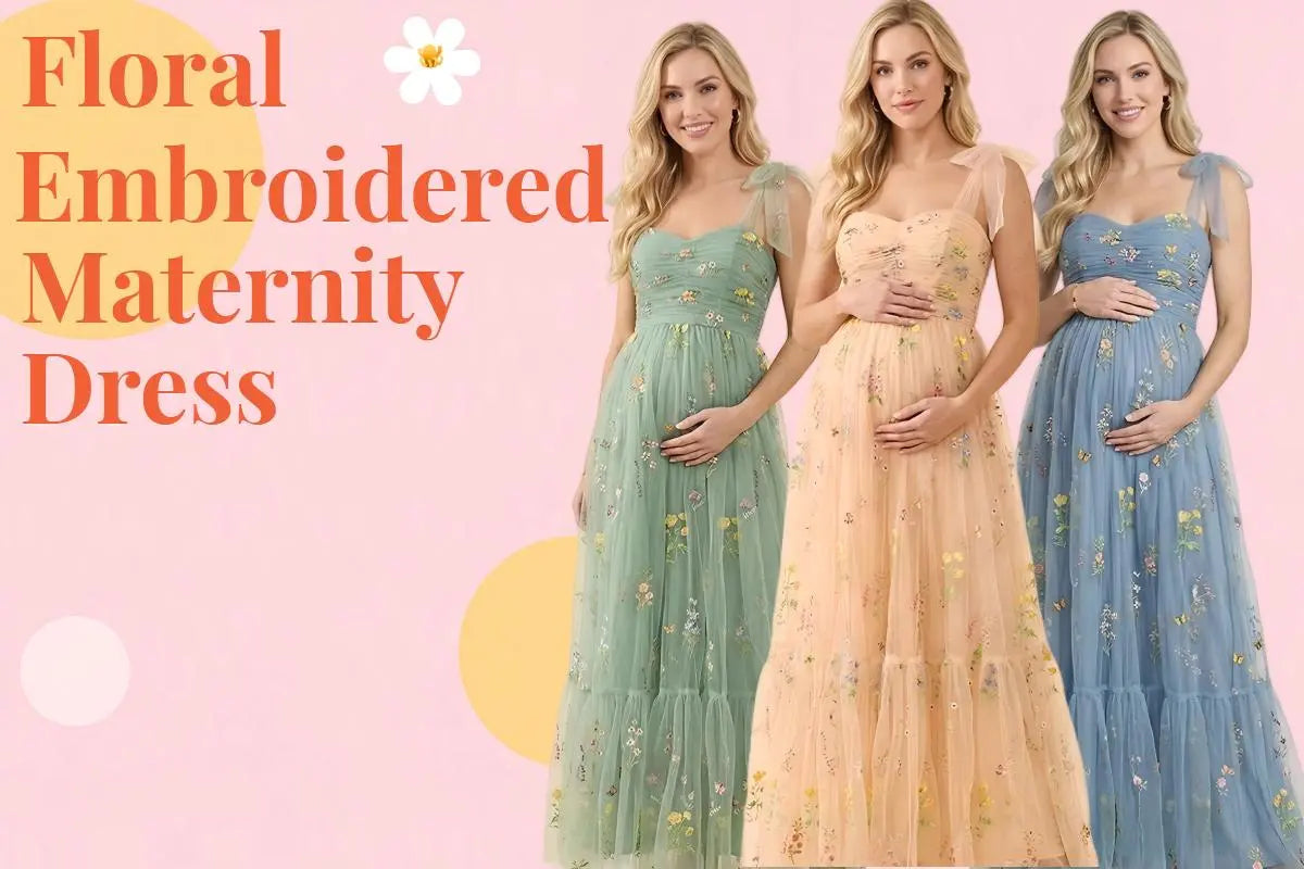 Elegant floral embroidered maternity dress available in champagne, blue, and green. Styling ideas for baby showers and maternity photoshoots.