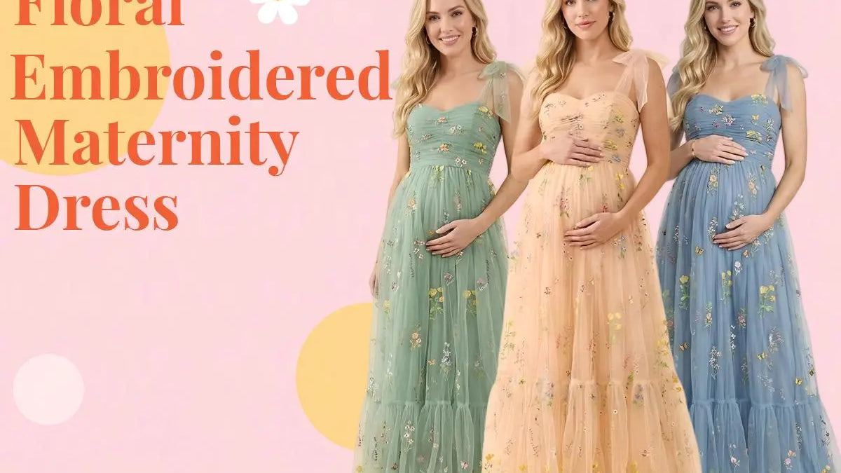 Elegant floral embroidered maternity dress available in champagne, blue, and green. Styling ideas for baby showers and maternity photoshoots.