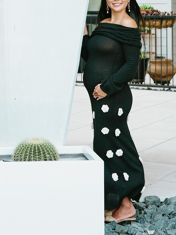 Chic- Off Shoulder 3D Flower Bodycon Knit Maternity Maxi Dress