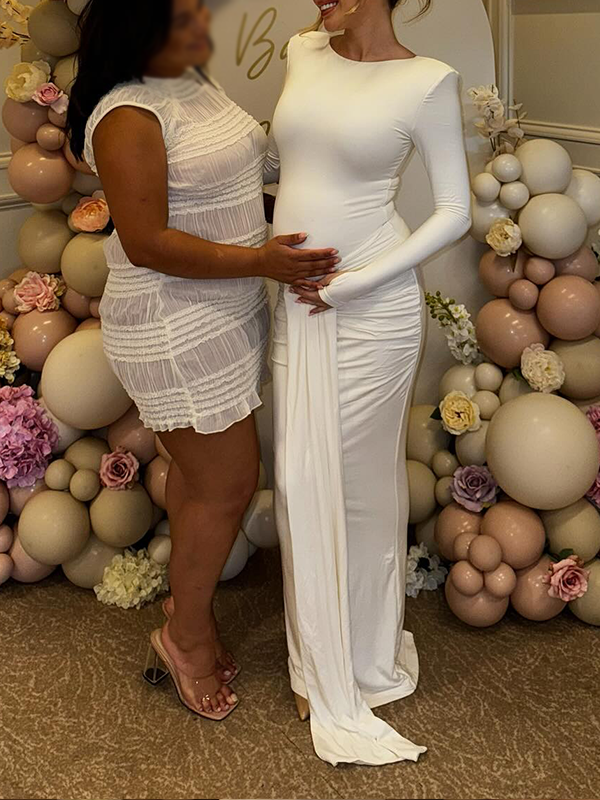 Chic-White Ruched Draped Bodycon Baby Shower Maternity Maxi Dress