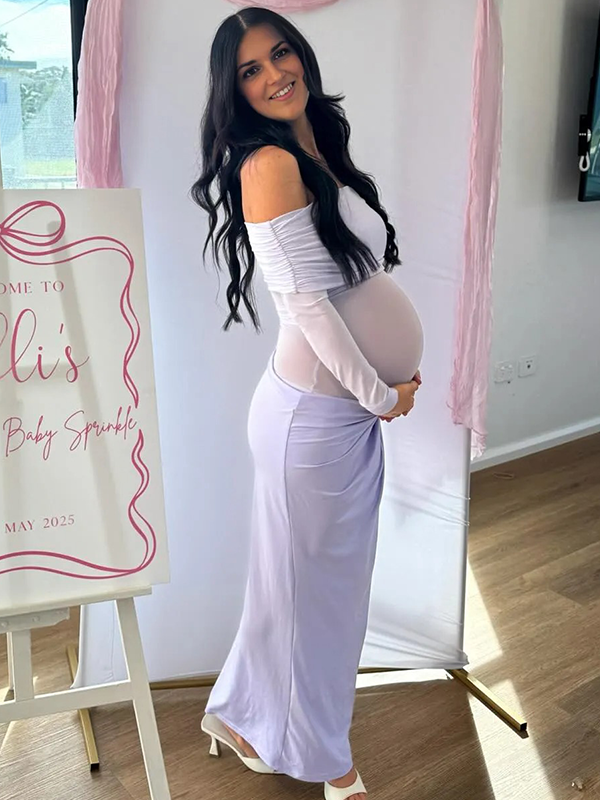 Chic- Off Shoulder Mesh Sheer Bodycon Maternity Maxi Dress