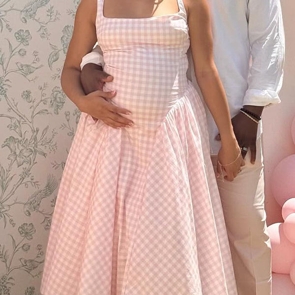 Casualwear-Halter Neck Plaid Print Maternity Maxi Dress