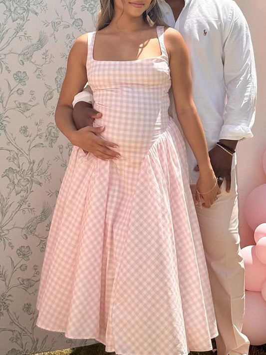 Casualwear-Halter Neck Plaid Print Maternity Maxi Dress