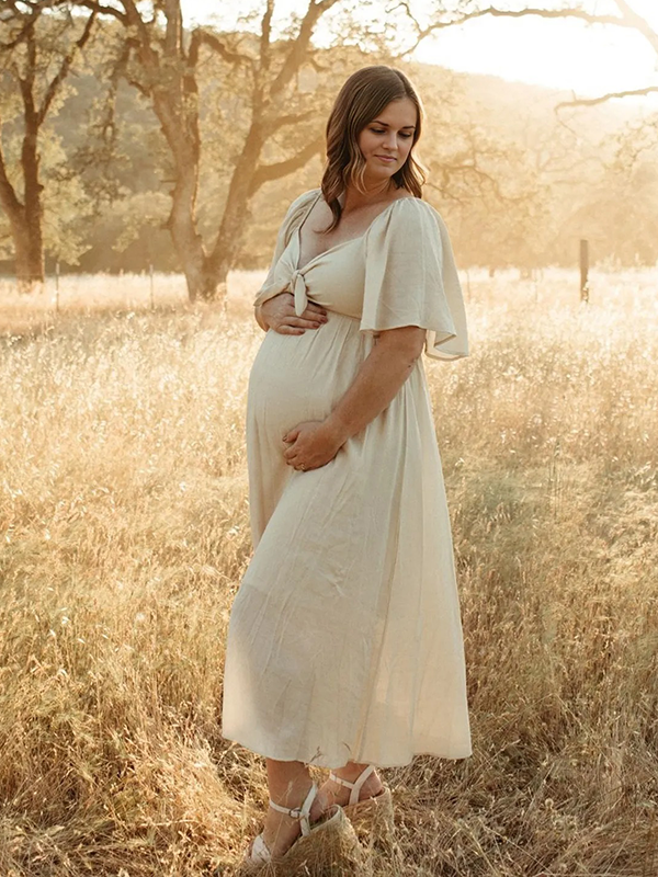 Chic- Beige Bowknot Boho Photoshoot Maternity Maxi Dress