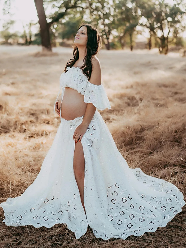 Lace- Off Shoulder Crop Boho Photoshoot Maternity Maxi Dress