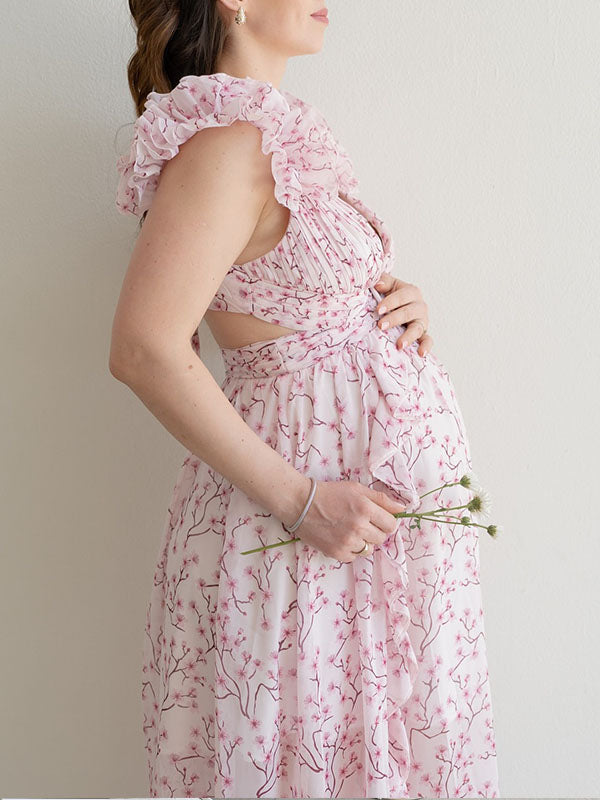 Casualwear-Ruffle Floral Vacation Maternity Maxi Dress