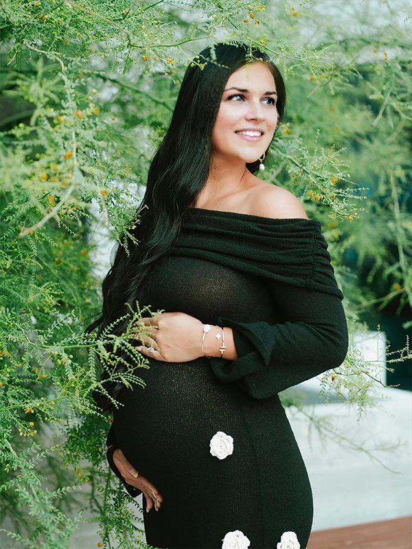 Chic- Off Shoulder 3D Flower Bodycon Knit Maternity Maxi Dress