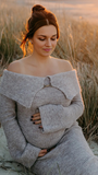 Chic-Off Shoulder Knitwear Flare Sleeve Bodycon Maternity Sweater Maxi Dress