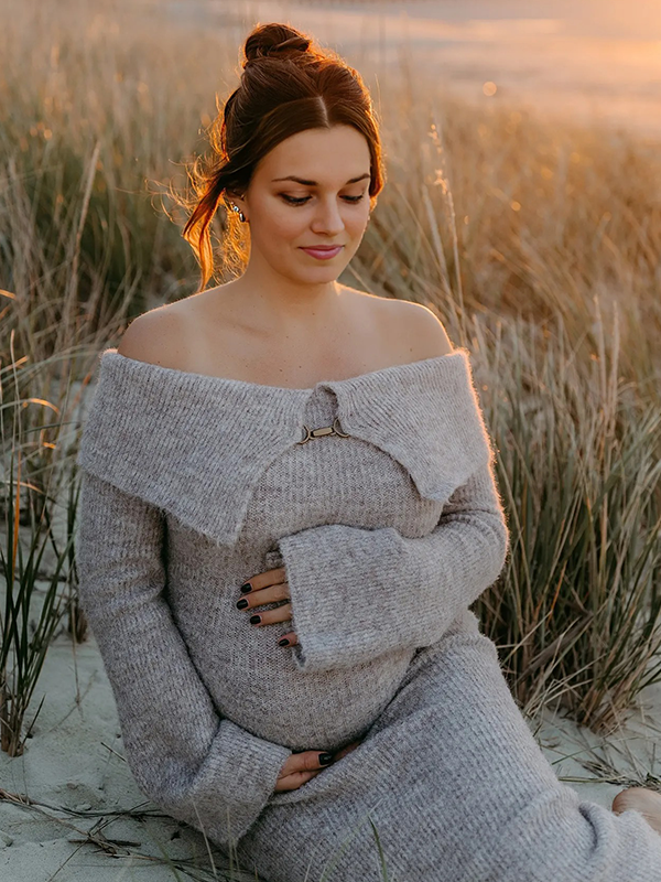 Chic-Off Shoulder Knitwear Flare Sleeve Bodycon Maternity Sweater Maxi Dress