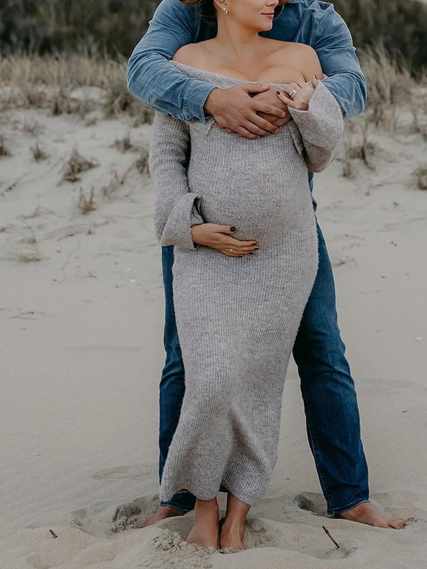 Chic-Off Shoulder Knitwear Flare Sleeve Bodycon Maternity Sweater Maxi Dress