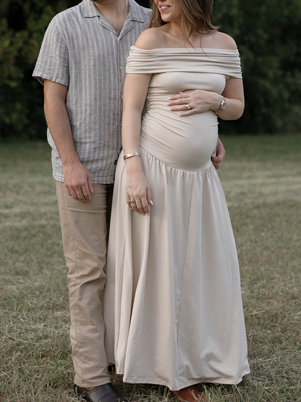 Casualwear-Off Shoulder Ruched Maternity Maxi Dress
