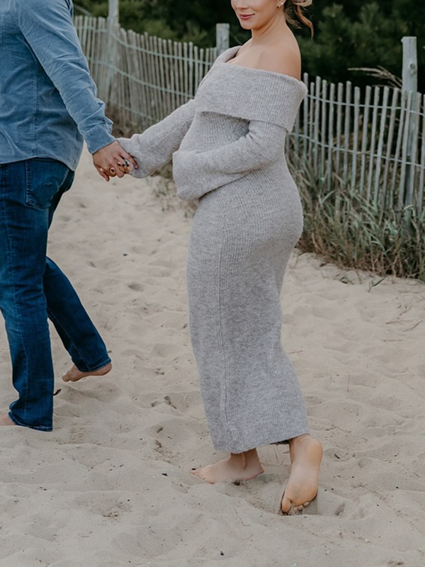 Chic-Off Shoulder Knitwear Flare Sleeve Bodycon Maternity Sweater Maxi Dress