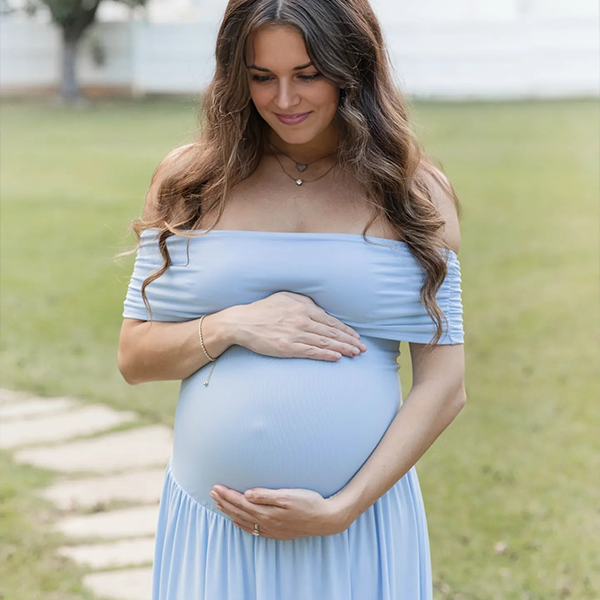Casualwear-Light Blue Off Shoulder Ruched Maternity Maxi Dress
