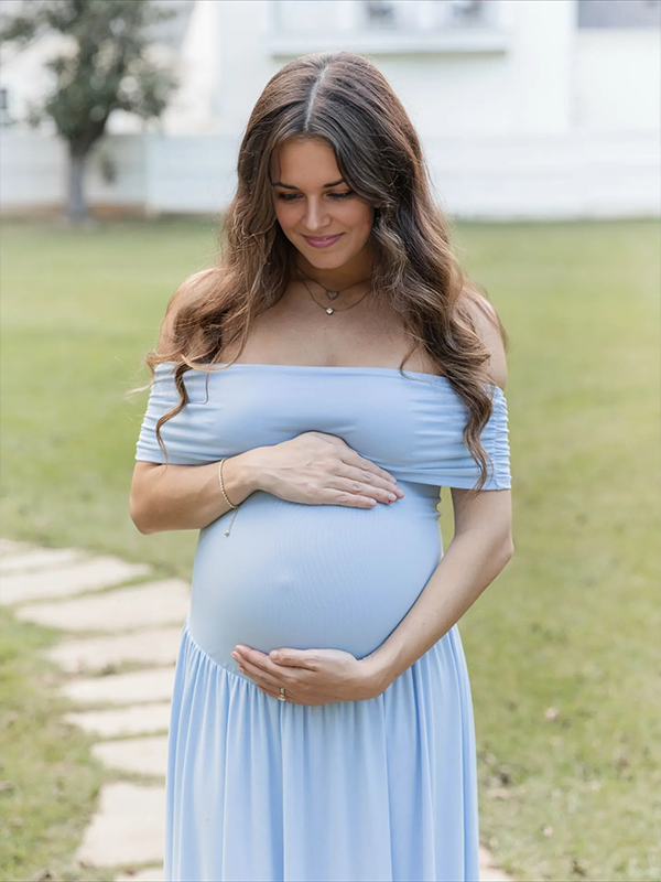 Casualwear-Light Blue Off Shoulder Ruched Maternity Maxi Dress