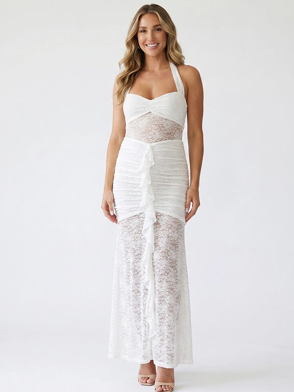 White Lace Halter Ruffle Mermaid Maternity Maxi Gown
