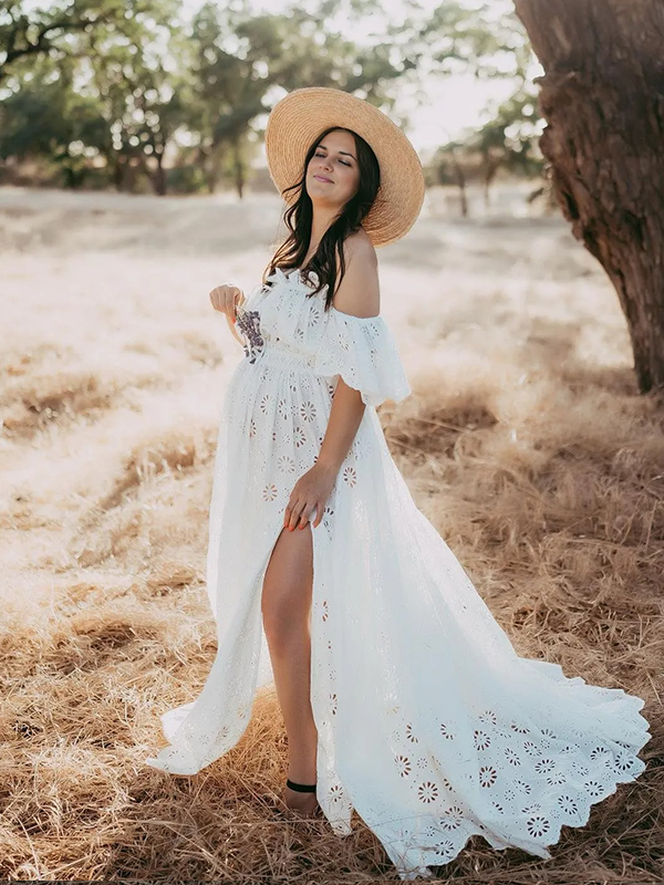Lace- Off Shoulder Crop Boho Photoshoot Maternity Maxi Dress