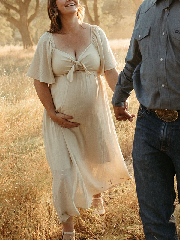Chic- Beige Bowknot Boho Photoshoot Maternity Maxi Dress