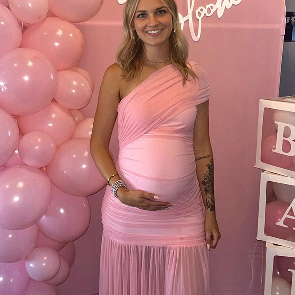 Chic-One Shoulder Mesh Ruched Bodycon Maternity Maxi Dress