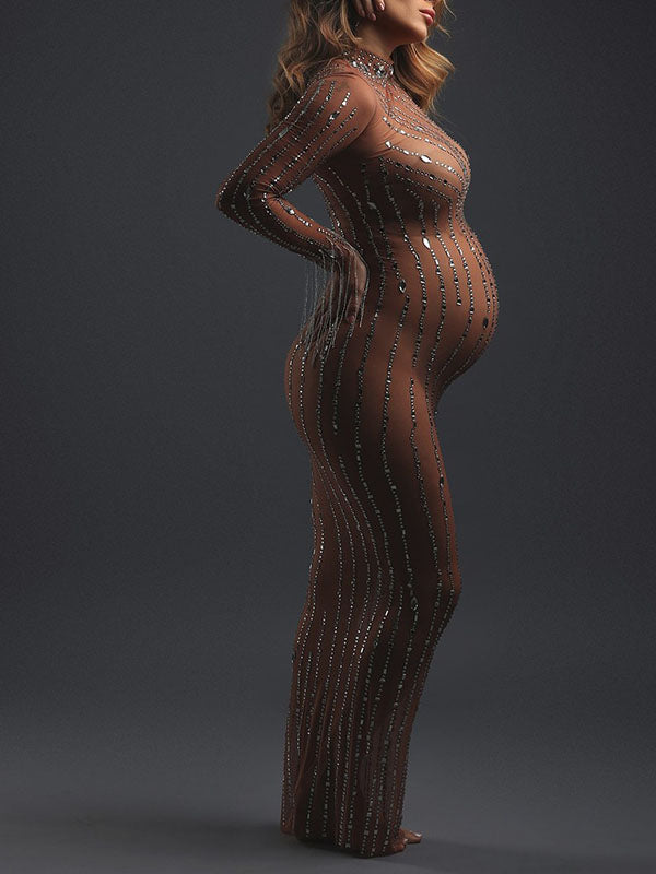 Sparking- Sheer Bodycon Tassel Photoshoot  Maternity Maxi Dress