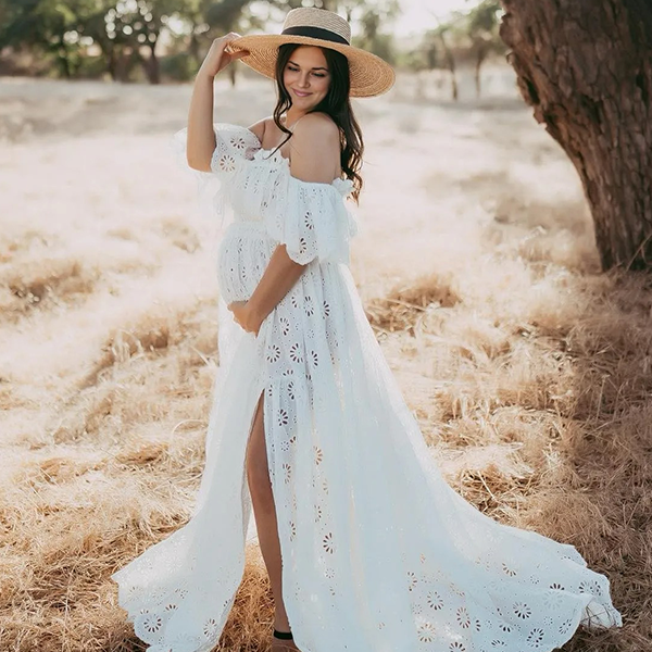 Lace- Off Shoulder Crop Boho Photoshoot Maternity Maxi Dress