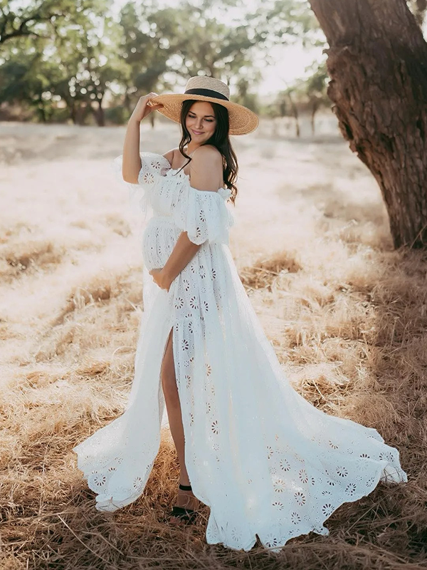 Lace Boho Photoshoot Maternity Maxi Dress of Off Shoulder Crop
