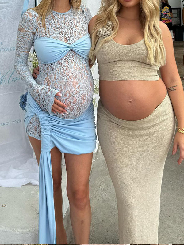 Lace-Ruched Sheer Maternity Mini Dress