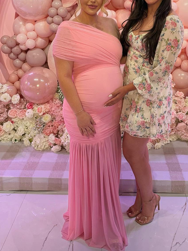Chic-One Shoulder Mesh Ruched Bodycon Maternity Maxi Dress