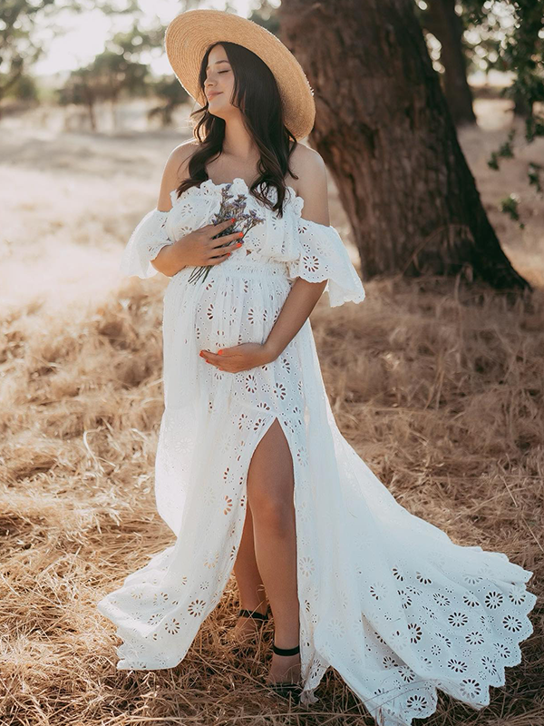 Lace- Off Shoulder Crop Boho Photoshoot Maternity Maxi Dress