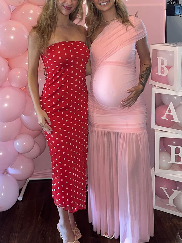Chic-One Shoulder Mesh Ruched Bodycon Maternity Maxi Dress