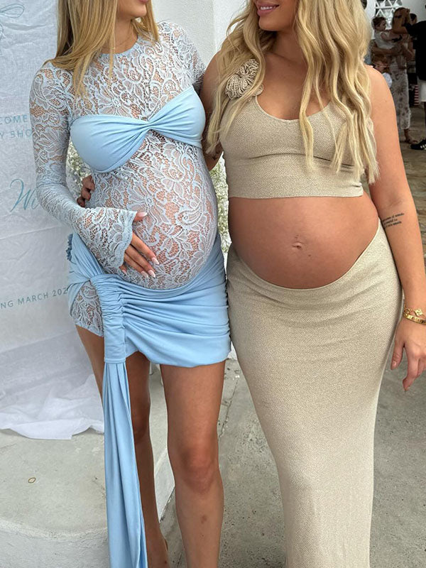 Lace-Ruched Sheer Maternity Mini Dress