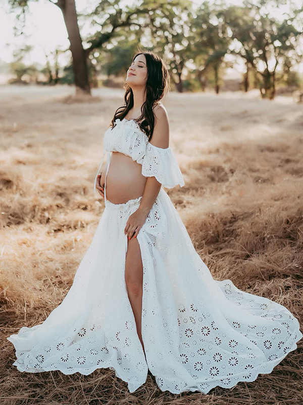 Lace- Off Shoulder Crop Boho Photoshoot Maternity Maxi Dress
